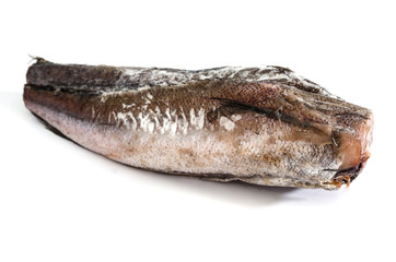 frozen hake fish isolated on white background.