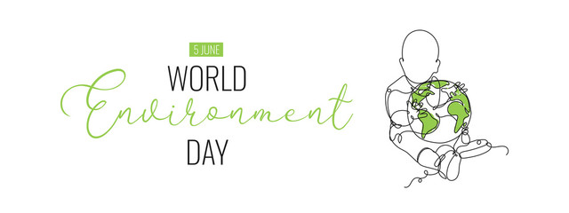 World Environment Day eco landing page. Ecology friendly poster, banner, flyer design. Continuous line drawing little baby with Earth globe and text 5 june World Environment Day. Vector illustration.