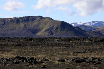 Landmannalaugar / Iceland - August 15, 2017: The solitary landscape near Landmannalaugar park, Iceland, Europe