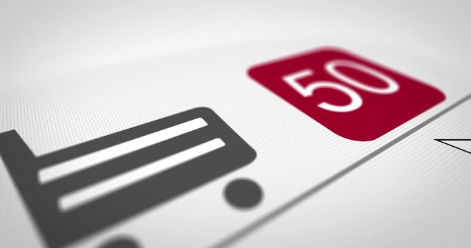 Close up shot animation of shopping cart icon on computer screen with animated counting numbers add online commodity on shopping web page. The buyer makes a purchase in the online store. White version