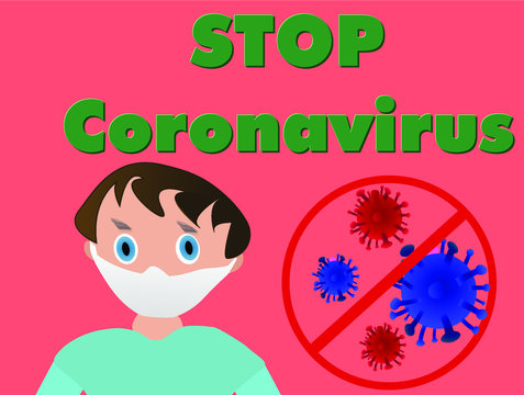 Doctor in cartoon style with white medical face mask with the words "Stop coronavirus" and sign caution. Coronavirus banner for hospitals, medical facilities. Stock vector illustration.