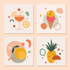 Set of Trendy Abstract Summer Cards in Vector featuring lemon, pineapple ice cream, and drinks.