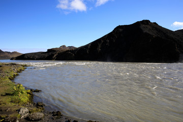 Landmannalaugar / Iceland - August 15, 2017: A river near Landmannalaugar park, Iceland, Europe