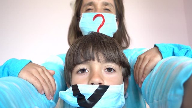 4K Lockdown isolation selfies - Son and mother faces against curfew
