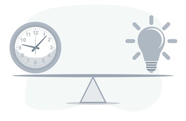 Clock and Lightbulb on seesaw. Vector flat design illustration.