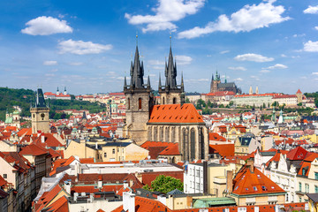 Naklejka na ściany i meble Church of Our Lady before Tyn with Prague Castle at background, Czech Republic