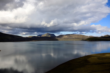 Landmannalaugar / Iceland - August 15, 2017: A lake near Landmannalaugar park, Iceland, Europe