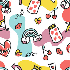 Seamless doodle romantic pattern. Vector background with heart, sponges and different elements. Design for prints, shirts and posters.