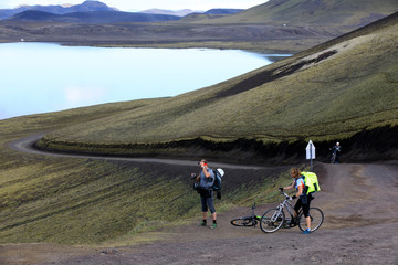 Landmannalaugar / Iceland - August 15, 2017: Tourist on the road to Landmannalaugar park, Iceland,...