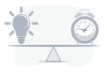 Clock and Lightbulb on seesaw. Vector flat design illustration.