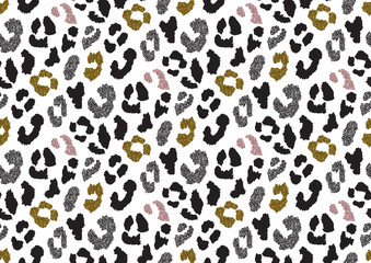 Abstract animal skin leopard seamless pattern design. Jaguar, leopard, cheetah, panther fur. Black and white, golden and pink glitter texture seamless