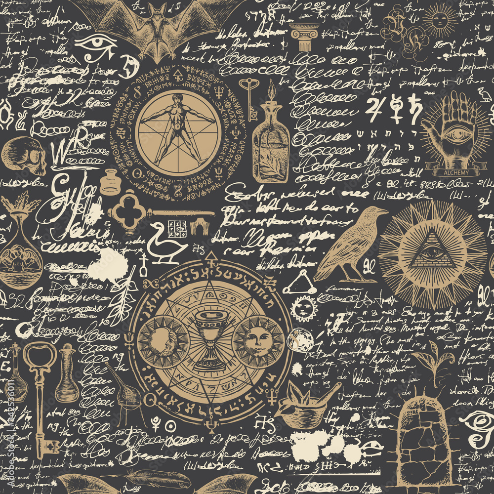 Poster vector seamless pattern on a theme of alchemy in vintage style on the black backdrop. abstract backg