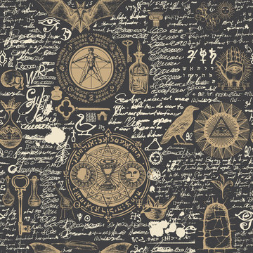 Vector seamless pattern on a theme of alchemy in vintage style on the black backdrop. Abstract background with hand-drawn sketches, ancient alchemical symbols, and scribbles imitating handwritten text