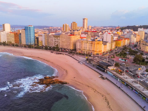 Aerial view in Riazor and Orzan beach.Coru&ntilde;a city, Galicia, Spain