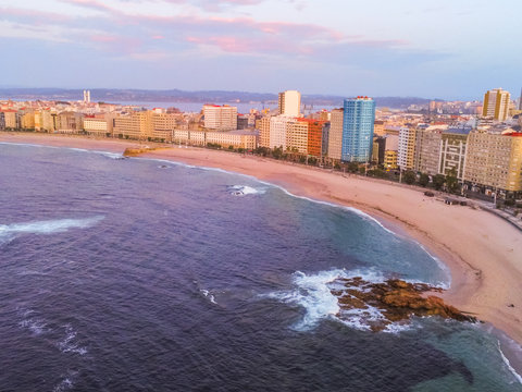 Aerial view in Riazor and Orzan beach.Coru&ntilde;a city, Galicia, Spain