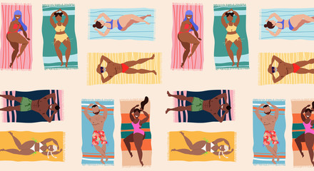 People laying on a towels summer pattern. Summer vacation concept. Men and women sunbathing at the beach, palms, and umbrellas. Seamless hand-drawn vector pattern design for textile, web banner.