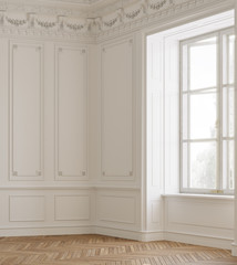 Bright, empty white room and light, big window. Decorative wall. 3d rendering.
