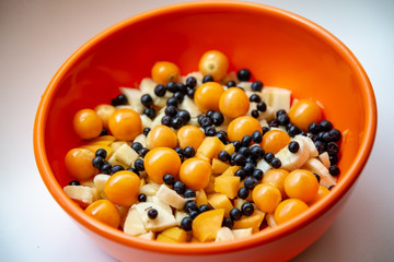 Plate of chopped fruits for breakfast