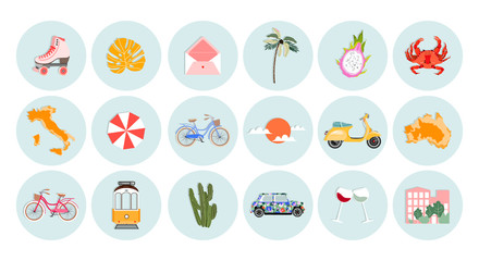 Summer Vacation & Travel Icon Set. Round tourism sticker, label collections. Trendy vector illustrations for web design, print, and Instagram highlights. Summer travel and vacation concept.