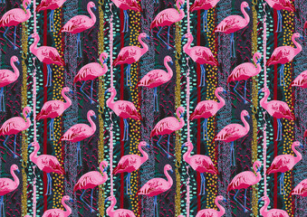 Naklejki  Jasny wzór z ptakami flamingo na paski złoty brokat. Czeski egzotyczny nadruk z