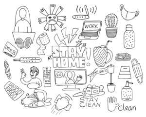 Vector linear set about quarantine and work at home in doodle style. The main phrase "stay home" The set includes: a cheerful guy, a girl with a laptop, an antiseptic, toilet paper, pills, and mask.