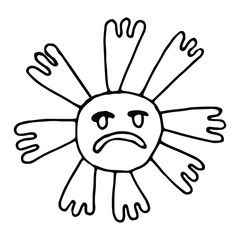 Stylized coronavirus in a linear doodle style. Vector simple illustration of an angry COVID-19 on a white background. Stock image about pandemic, quarantine and self-isolation. For design.