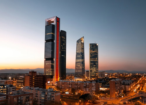4 towers business center Madrid at sunset