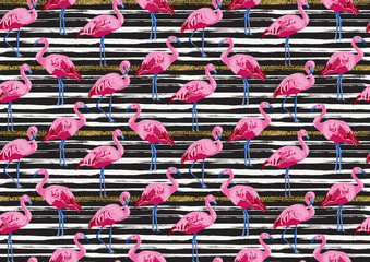 Fototapeta na wymiar Bright Seamless pattern with flamingo birds on gold glitter stripes. Bohemian exotic print with