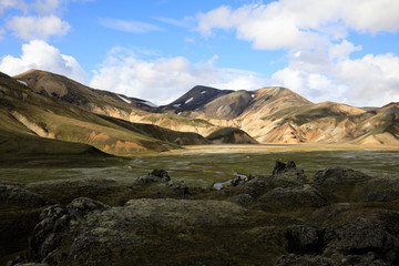 Landmannalaugar / Iceland - August 15, 2017: Colorful mountains at Landmannalaugar park, Iceland, Europe