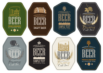 Set of eight vector labels for beer and brewery in retro style. Labels with brewery building, wooden barrel, hop cones, ears wheat and inscriptions in figured frames