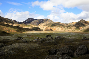 Landmannalaugar / Iceland - August 15, 2017: Colorful mountains at Landmannalaugar park, Iceland, Europe