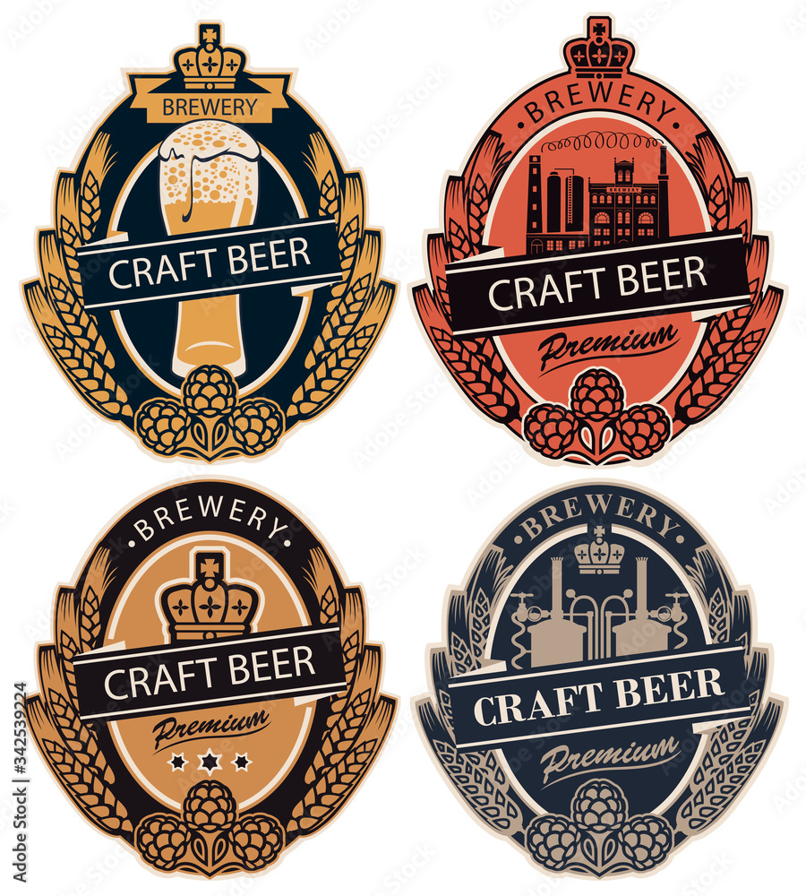 Aufkleber set of four vector labels for craft beer of the private brewery in retro style in form of coat of ar