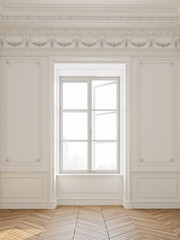 Bright, empty white room and light, big windows. Wall decorations. 3d rendering.
