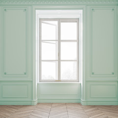 Bright, light and empty turquoise colored room with big windows. 3d rendering.