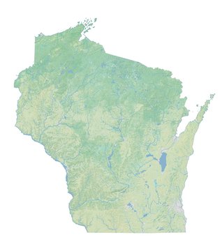 High resolution topographic map of Wisconsin with land cover, rivers and shaded relief in 1:1.000.000 scale.