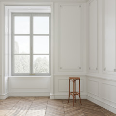 Light, bright and empty white room with big windows. Bar stool, wooden chair. 3d rendering.