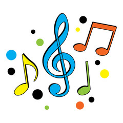 Colorful music notes with circles, vector illustration.