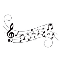 Music notes, symbols on wavy lines with curves, vector illustration.