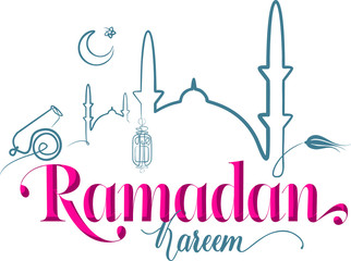 Ramadan Month greeting card with islamic elements silhouette and calligraphy lettering text Welcolme Ramadan.