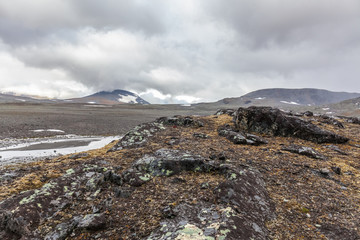stone landscape in the mountains in Sarek national park, selective focus