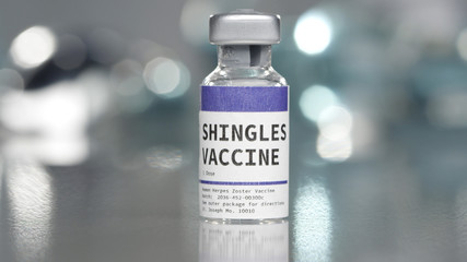 Shingles vaccine vial in medical lab - obrazy, fototapety, plakaty