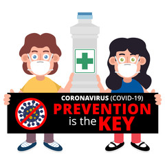 Cartoon Couple with a sign Prevention is Key Coronavirus COVID-19. Vector illustration