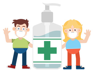 Cartoon Couple with a big gel alcohol. Coronavirus COVID-19 Prevention. Vector illustration