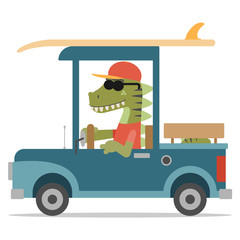 Cool dinosaur driving a pickup with a surfboard. Cartoon style. Vector illustration. Flat design style.