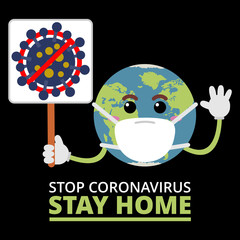 Cartoon World Stay Home. Stop Coronavirus COVID-19. Vector illustration