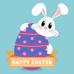 Cute Easter Bunny behind a big colorful egg. Vector illustration