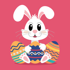 Cute White Rabbit holding colorful easter egg. Vector illustration