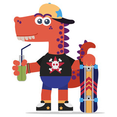 Fearless orange dinosaur with a skateboard and a soda. Cartoon style. Vector illustration. Flat design style.