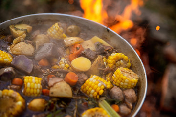Cooking over a campfire with stewed food.