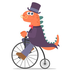 Lovely dinosaur with a smile riding an old bicycle. Cartoon style. Vector illustration. Flat design style.